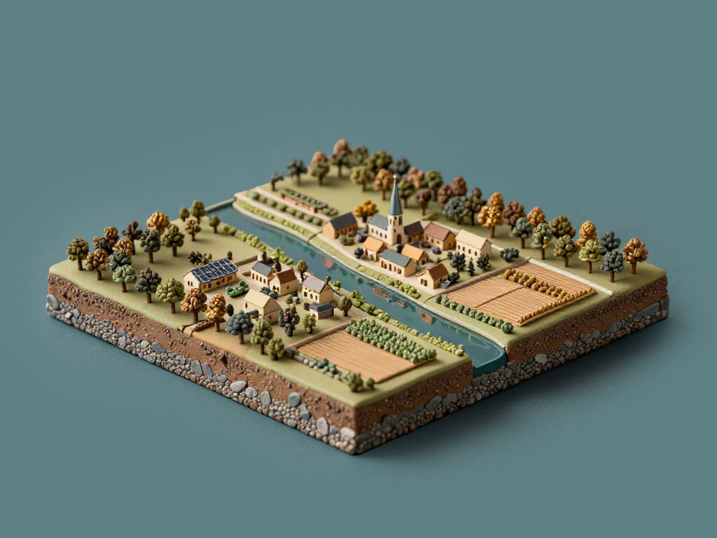 Illustration : un territoire équilibré, village, rivière et corridors écologiques